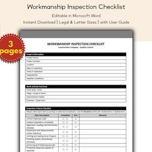 May include: A white Workmanship Inspection Checklist document with black text, including fields for project information and inspection criteria. The document is labeled as editable in Microsoft Word and available for instant download.