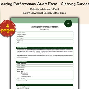 Puede incluir: Un formulario de auditoría de rendimiento de limpieza verde y blanco para servicios de limpieza. El formulario es editable en Microsoft Word e incluye campos para información de la empresa, detalles del servicio y resultados de la auditoría. Descarga instantánea en tamaños legal y carta.