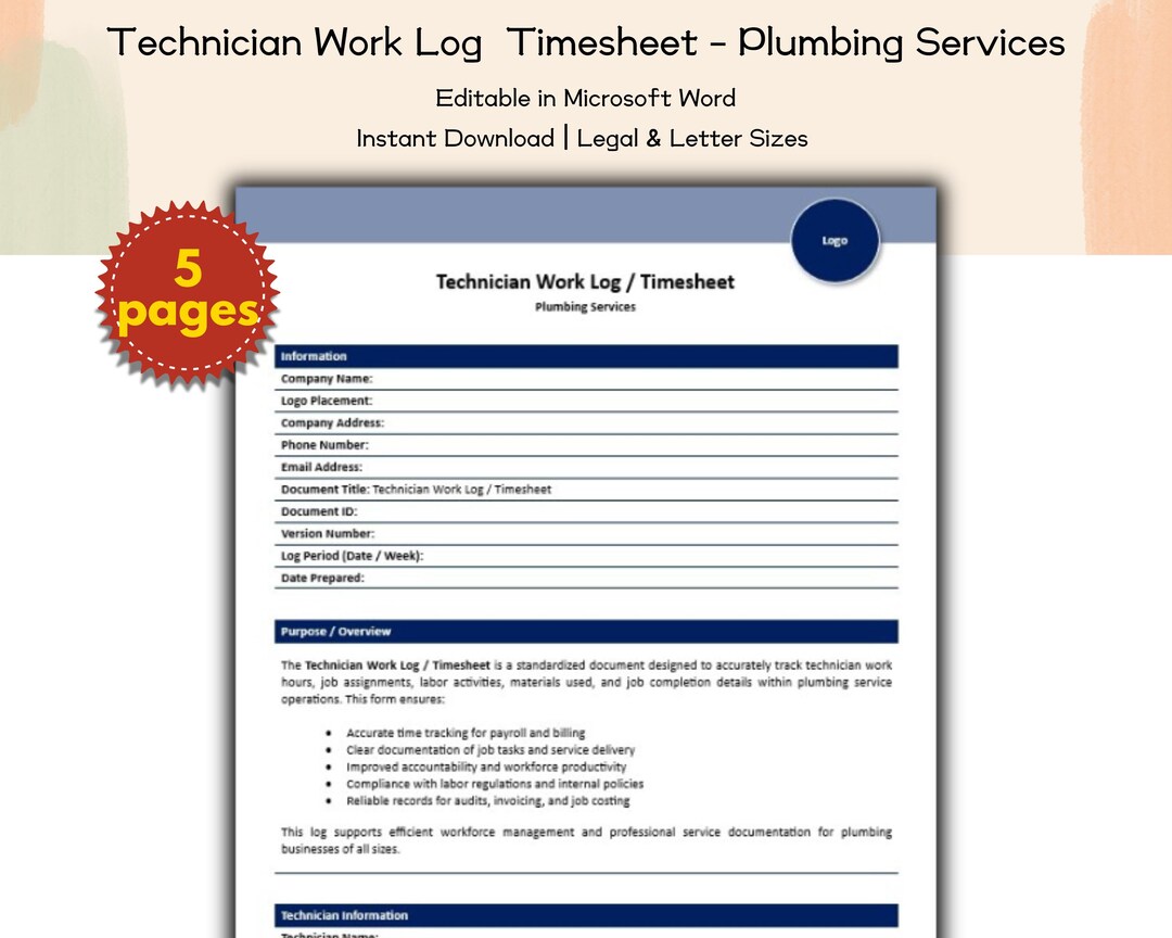 Technician Work Log / Timesheet Plumbing Services Form Editable and ...