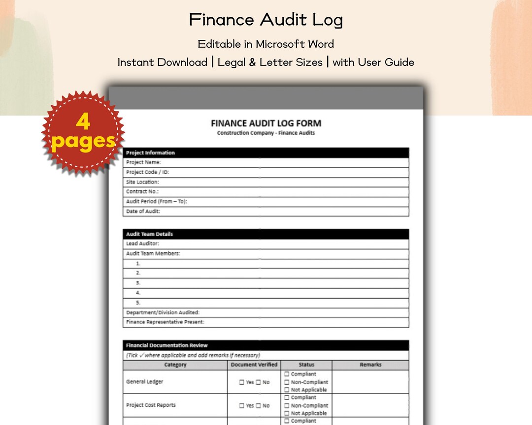 Construction Company Finance Audit Log Editable and Printable Template ...