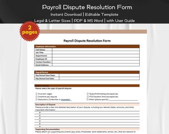Payroll Dispute Resolution Form Editable and Printable Template | Employee Management | Human Resource Forms | Employee Payroll and Benefits