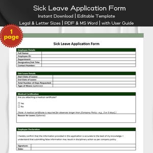 Könnte beinhalten: Eine einseitige Vorlage für einen Krankheitsantrag. Das Formular enthält Abschnitte für Mitarbeiterdetails, Krankheitsdetails, medizinische Zertifizierung und eine Mitarbeitererklärung. Verfügbar in PDF- und MS Word-Formaten.