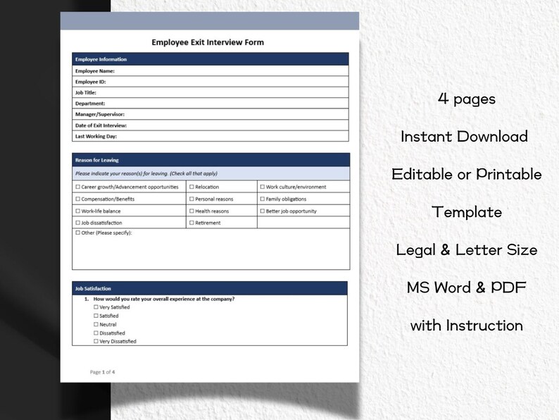 Employee Exit Interview Form Editable and Printable Template | HR ...