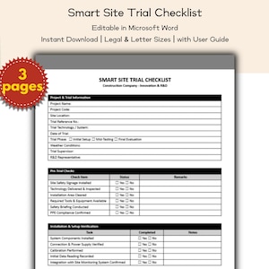 May include: A white Smart Site Trial Checklist document with a red and gold "3 pages" sticker. The checklist includes sections for project information, pre-trial checks, and installation verification. Text includes "Editable in Microsoft Word" and "Instant Download".