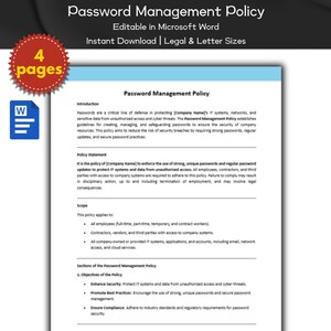 May include: A printable password management policy document in Microsoft Word format. The document is titled "Password Management Policy" and includes sections for introduction, policy statement, scope, objectives of the policy, and more. The document is available for instant download in legal and letter sizes.