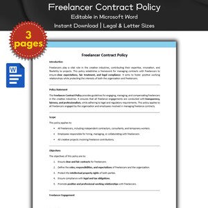 May include: A document titled "Freelancer Contract Policy" with a blue header and a white background. The document is editable in Microsoft Word and is available for instant download in legal and letter sizes. The document is 3 pages long.