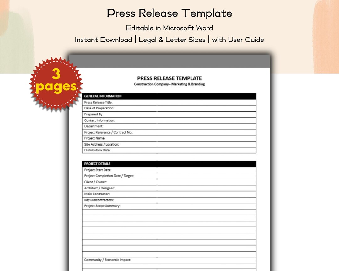 Construction Company Press Release Template Editable and Printable ...