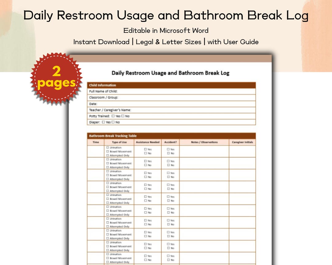 Restroom Use Log Daycare Daily Restroom Usage and Bathroom Break Log Editable and ...