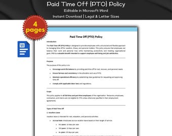 Paid Time Off (PTO) Policy Editable Template | Human Resource Policies | Work Hours And Attendance | MS Word | Employee Management, HR Tools