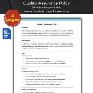 以下が含まれることがあります： 「品質保証ポリシー」というタイトルの文書で、白い背景に黒い文字で書かれています。この文書は、ポリシーの範囲、目的、原則を概説しています。この文書は、Microsoft Word で編集可能で、リーガルサイズとレターサイズで即時ダウンロードできます。