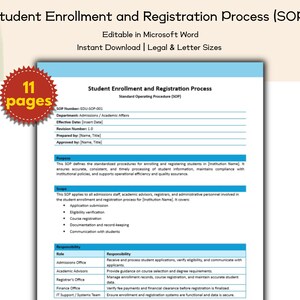 May include: A document titled "Student Enrollment and Registration Process (SOP)" is displayed. The document is editable in Microsoft Word and available for instant download in legal and letter sizes. A red starburst graphic indicates "11 pages".