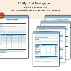 May include: A set of printable documents labelled "Utility Cost Management" with a user guide. The documents are in blue and white, with text including "Editable in Microsoft Word" and "Instant Download". A red sticker indicates "4 pages".