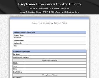 Employee Emergency Contact Form Editable and Printable Template | HR Templates Form | Employee Information Template | Contact Form