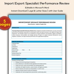 Import/Export Specialist Performance Review Editable and Printable Template, Human Resource HR Toolkit, Operation Logistics and Supply Chain