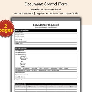 May include: A document control form with a white background and black text. The form includes sections for project information, document details, and a distribution log. The text "Document Control Form" is at the top. The image also includes a red and gold sticker that says "2 pages".