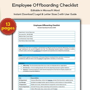 Könnte beinhalten: Mitarbeiter-Offboarding-Checkliste, bearbeitbar in Microsoft Word. Sofortiger Download, Rechts- und Letter-Größen. Das 13-seitige Dokument enthält eine Benutzeranleitung.