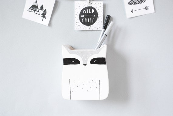 Raccoon Wooden Pencil Holder Cubicle Decor Cute Office Etsy