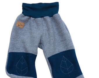 Organic walking pants "Beech" with embroidered knee patches for children, girls, boys, wool, light gray