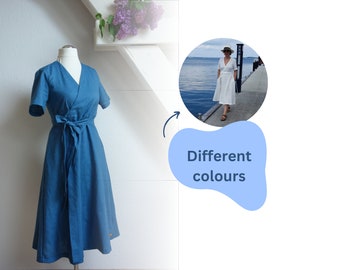 vestido cruzado festivo "Ranunculus" de lino, vestido midi de lino | Vestido moderno de mediados de siglo, vestido de talla grande, vestido de verano