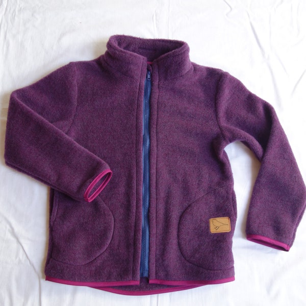 Fleece jacket "Heather" made of organic wool fleece, blackberry, for children, girls, boys, mulesing-free, GOTS, Merino, zipper