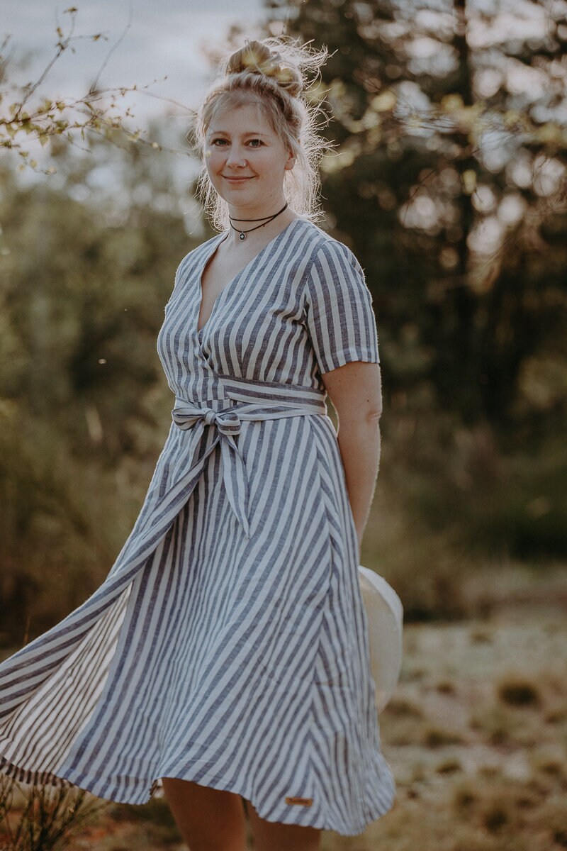 Linen Wrap Dress With Short Sleeves and Pockets for Women, Summer