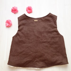 Vest Yarrow from linen with embroidery, brown, for children, girls, boys, brown image 3