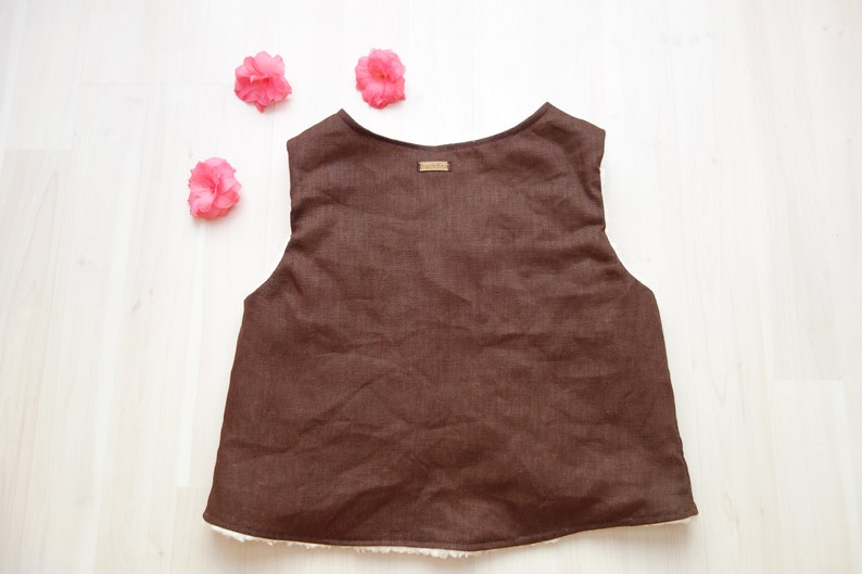 Vest Yarrow from linen with embroidery, brown, for children, girls, boys, brown image 3