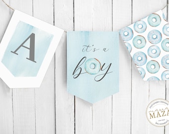 Donuts birthday banner boy,  Sprinkled with love banner, Baby shower boy donuts, Happy birthday banner, Printable banner birthday boy