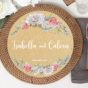 Bearbeitbare Tischsets, Runde Tischsets, Papier Kraft Stil, 10.8, Braun, Rosa, Rosen, Details für Tisch, Servietten svg, Platzsets 4er Set, Personalisierbar