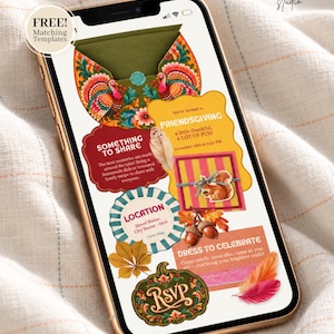 Puede incluir: Una pantalla de smartphone que muestra una plantilla de invitación digital para Friendsgiving. El diseño presenta ilustraciones coloridas de pavos, hojas de otoño, bellotas, una ardilla y texto que incluye "FRIENDSGIVING", "SOMETHING TO SHARE", "LOCATION" y "RSVP".