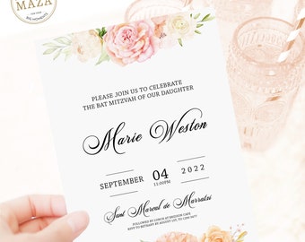 Floral Bat Mitzvah Invitation Template: Pink Watercolor (Digital Download)