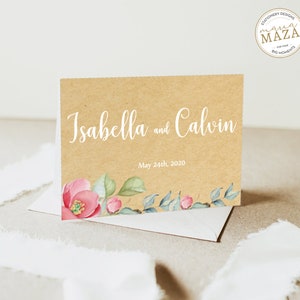Tarjeta de agradecimiento editable Personalizar corjl Papel Kraft Rosas Flores Ducha de bodas Compromiso Postal Mensaje personal Descarga instantánea