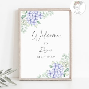 Dein Willkommen, Hortensien Party Deko, Aquarell Blumen, Willkommensschild Geburtstag, Happy Birthday Banner, Personalisiertes Bar Schild