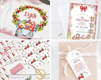 May include: A set of printable party decorations for a child's birthday party with a Polar Express theme. The set includes a place card, a gift tag, a wrapping paper design, and an invitation. The invitation features a red train with a Santa Claus figure, a red bow, and the text "All Aboard The Polar Express". The gift tag features a red car with a Santa Claus figure and the text "Special Delivery From The North Pole". The wrapping paper design features a red car with a Santa Claus figure and the text "Jackson's 2nd Birthday".
