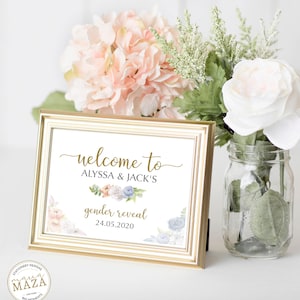 Gender reveal decorations, Gender reveal welcome sign, Gender reveal sign template,  reveal ideas, Watercolor gender reveal decorations