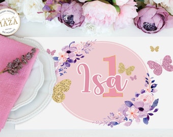 Verjaardagsplacemats met bloemen en vlinders: feestdecor roze meisje (digitaal bestand)