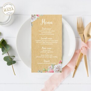 Tarjeta de menú de boda, Menú de cena imprimible, Plantilla de tarjeta de menú de boda, Tarjetas de menú brunch, Decoraciones de fiesta de papel Kraft, Rosas de acuarela png