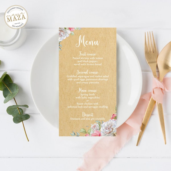 Wedding menu card, Dinner menu printable, Wedding menu card template, Menu cards brunch, Kraft paper party decorations, Watercolor roses png