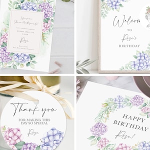 Può includere: Un set di decorazioni per feste di compleanno stampabili con ortensie ad acquerello in tonalità viola e rosa. Il set include un cartello di benvenuto, un'etichetta di ringraziamento e un biglietto di buon compleanno.