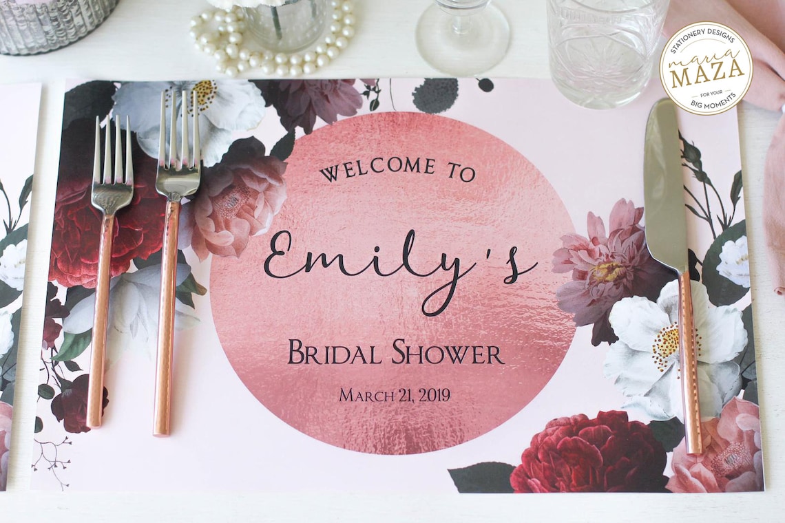 Editable Paper Placemat Bridal Shower Rose Gold Flower Etsy