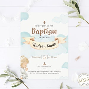 Puede incluir: Una invitación de bautismo con una ilustración de acuarela de nubes y un ángel. La invitación es para el bautismo de Hudson Smith el 24 de julio a las 11:00 am en la Iglesia de San Juan. La invitación incluye el texto "Amablemente únase a nosotros para el bautismo de nuestro hijo Hudson Smith" y "Sábado 24 de julio a las 11:00 am. Iglesia de San Juan. Seguido de un almuerzo en Penn Oaks Golf Club 150 Penn Oaks Golf Drive, West Chester, LA."