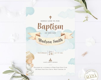 May include: A baptism invitation with a watercolor illustration of clouds and an angel. The invitation is for Hudson Smith's baptism on July 24th at 11 am at Saint John's Church. The invitation includes the text "Kindly join us for Baptism of our son Hudson Smith" and "Saturday July 24 at 11 am. Saint John's Church. Followed by a luncheon at Penn Oaks Golf Club 150 Penn Oaks Golf Drive, West Chester, LA."