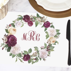 Watercolor wreath roses, Custom paper placemats, Romantic wedding decorations, Floral wedding template, Floral wedding table decor