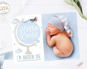 Editable Hello World Baby Shower Invitation Boy (Digital Download)