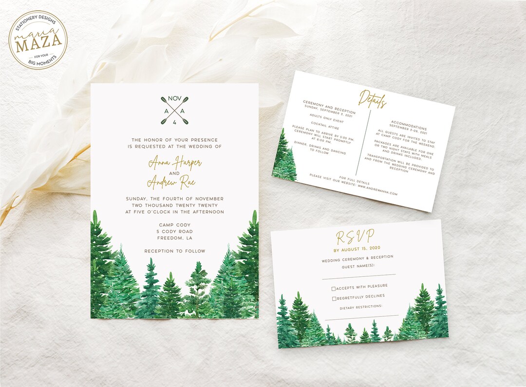 Pine Tree Wedding Invitation, Greenery Wedding Invitation Set, Forest ...