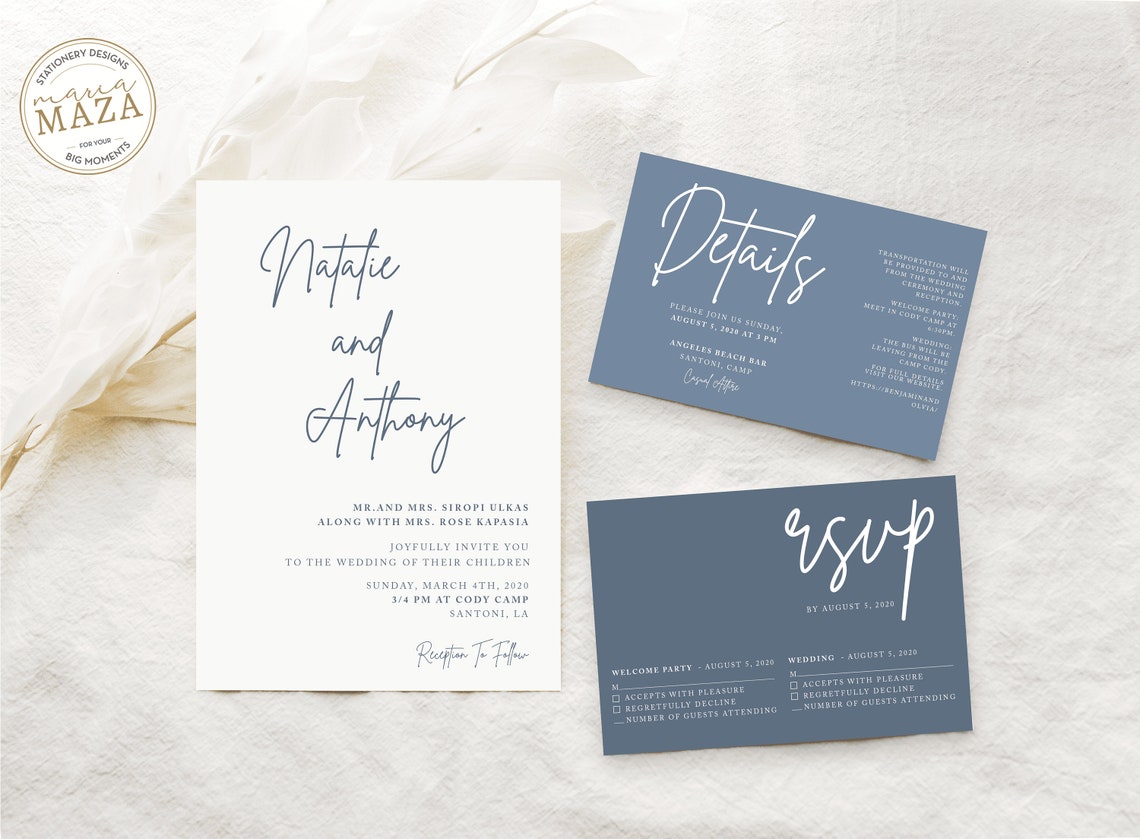 Navy Blue Wedding Invitation Template Wedding Invitation With - Etsy