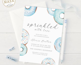 May include: A baby shower invitation with a blue and white donut theme. The invitation reads "sprinkled with love" and includes the name "Alexis Kristen". The date and time of the shower are listed as "Saturday the 16th of April, 2022 at 12 o'clock in the afternoon". The location is "The Cooper's Residence, 8963 Bakery Av, Houston, Texas".