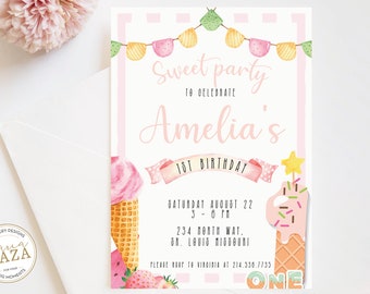 May include: A pink and white birthday party invitation with a watercolor illustration of ice cream cones, strawberries, and a watermelon. The text reads "Sweet party to celebrate Amelia's 1st birthday. Saturday August 22, 3-6 PM, 234 North Way, St. Louis Missouri. Please RSVP to Virginia at 214.530.7735. One".
