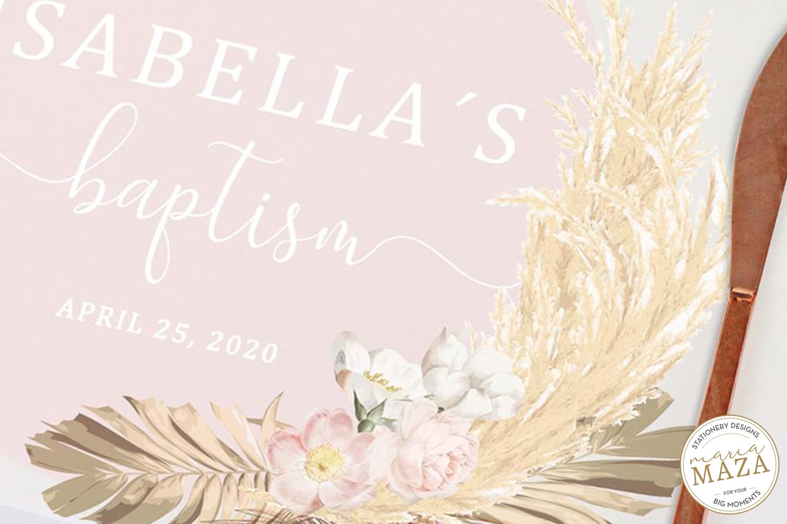 Editable Paper Placemat Pampa Grass Leave Rose Gold Baptism Etsy