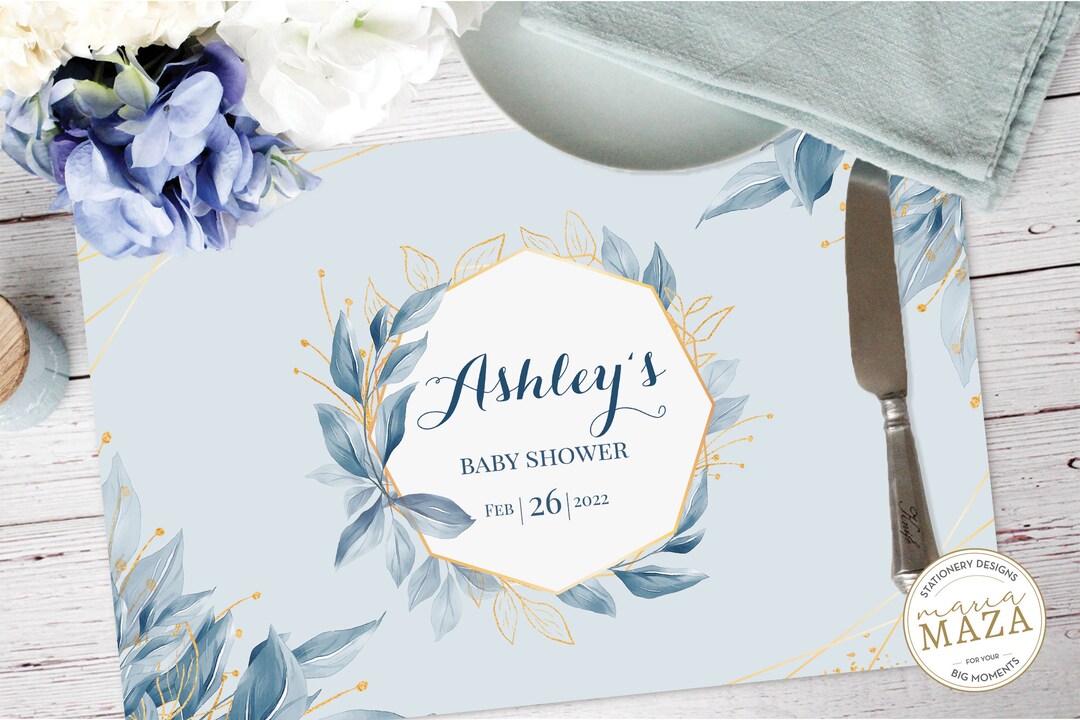 Watercolor Blue Floral Paper Placemat, Custom Paper Placemats, Blue